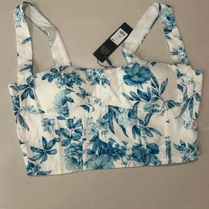 Fashion Nova White and Blue Floral Bustier Crop Top
